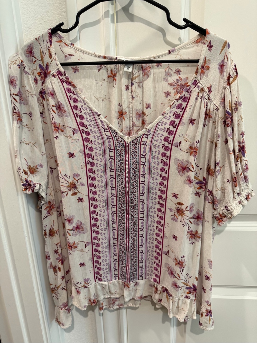 Sonoma Cream Floral V-Neck Blouse with Plum Accents